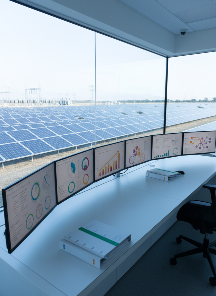 A utility-scale solar power plant control room with a console of widescreen displays showing power output, revenue curves and risk scenario dashboards, with rows of solar panels visible through a window.
