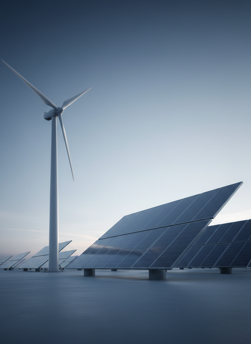 Modern renewable energy infrastructure at dawn